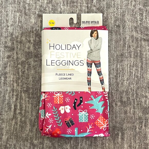 NEW Blue Star Small Medium Pink Holiday Christmas Festive Leggings Fleece Lined - Picture 1 of 6